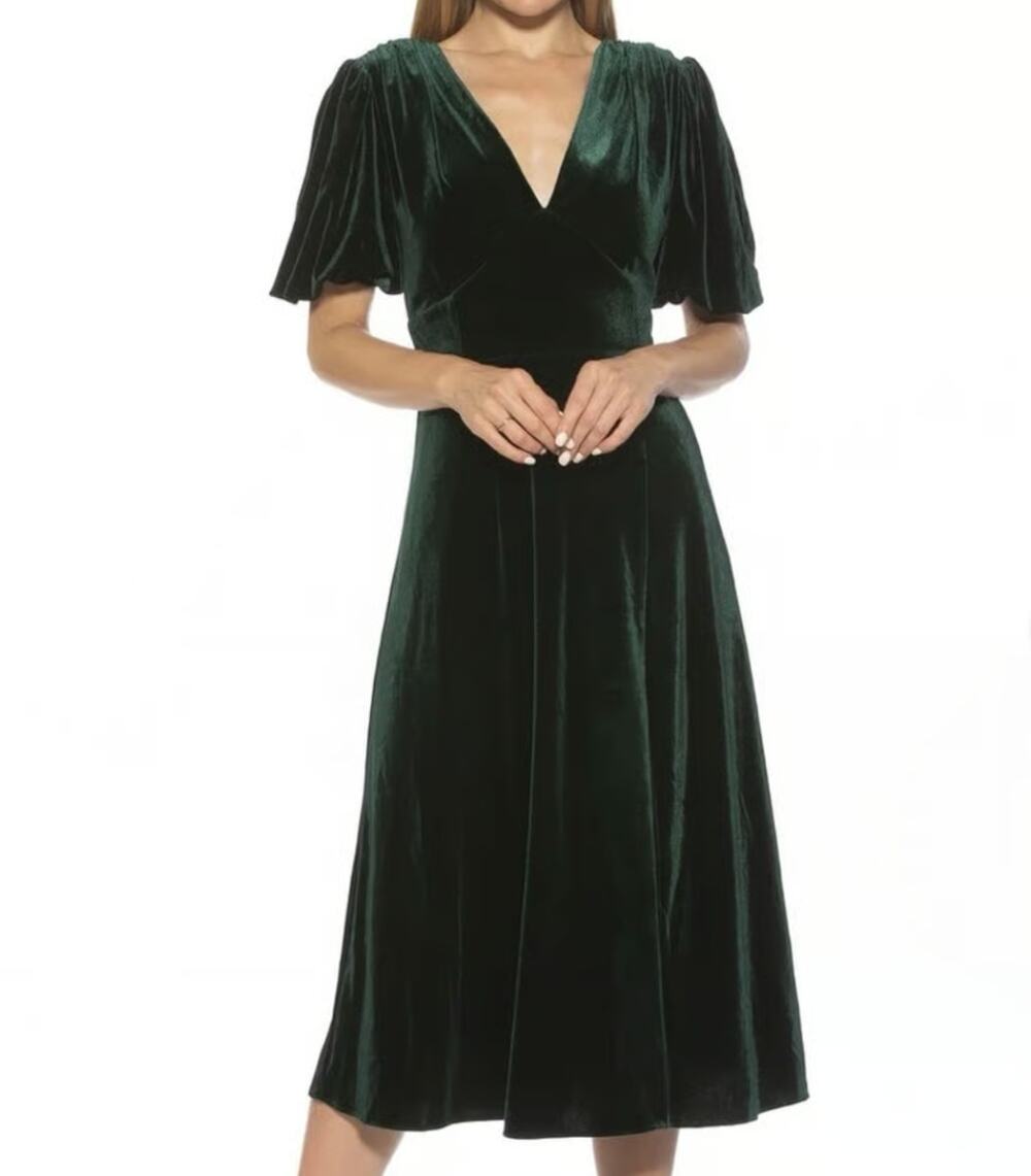 Alexia Admor Emerald Green Velvet Puff Sleeve Midi Dress (6)